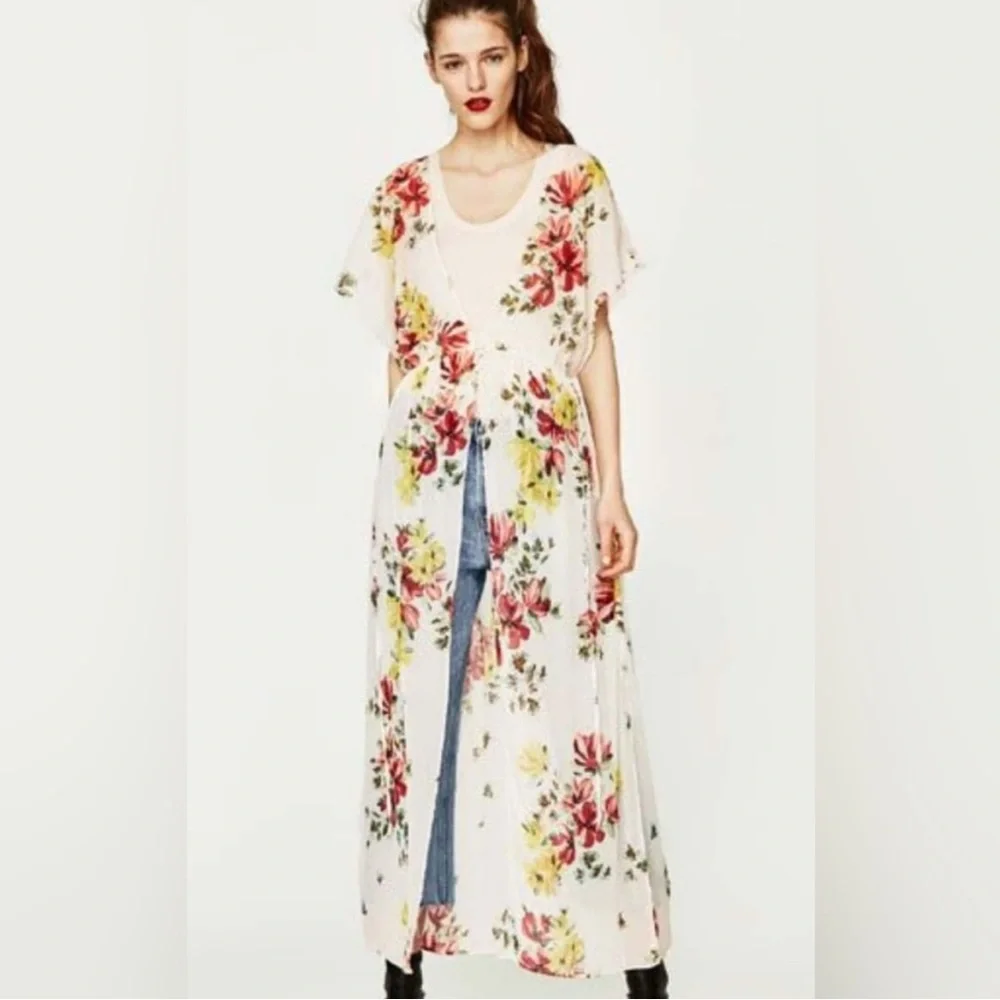 Zara sheer cream floral short sleeve coverup‎ maxi kimono duster